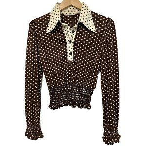 S/M Vtg 70s Women's Brown Cream Polka Dot Smocked Boho Hippie Long Sleeve Top